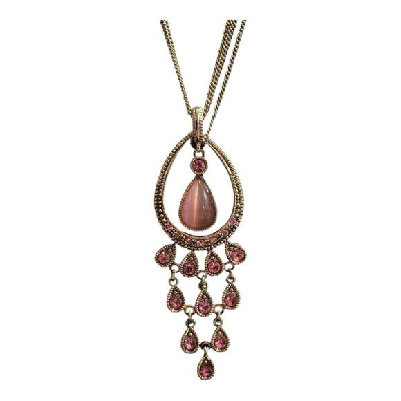 Pink Teardrop Chandelier Pendant Triple Strand Chain Gold Tone Necklace - Picture 1 of 3